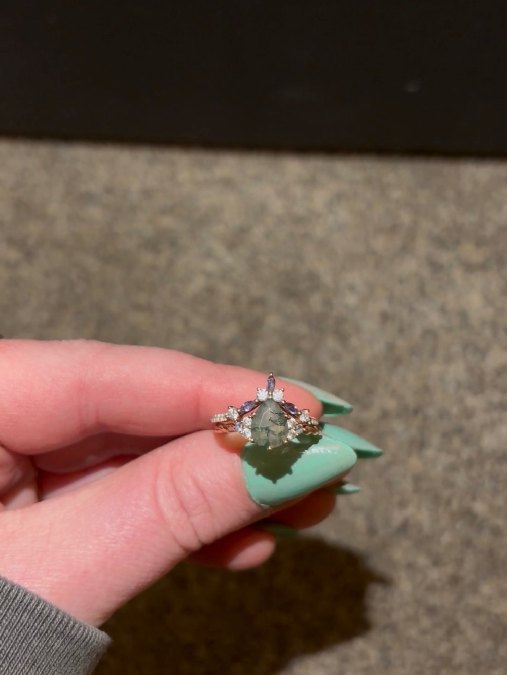 Moss Agate & Alexandrite Teardrop Bridal Ring Set - Green